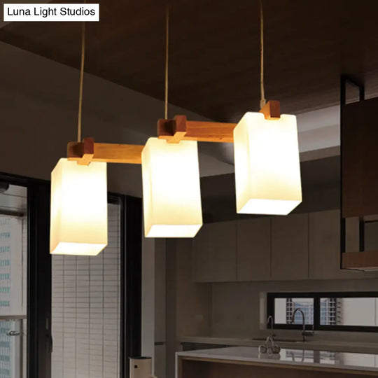 Modern Wood Cluster Pendant Kitchen Lamp With Rectangular White Glass Shade - Set Of 3 Bulbs