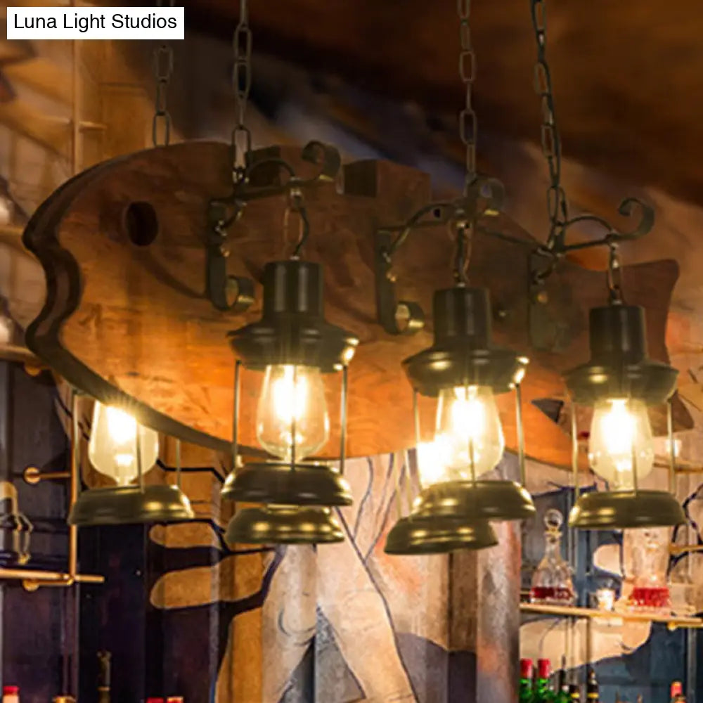Coastal Black Metal Ceiling Chandelier With Lantern Shades And Fish Print - 6 Bulb For Living Room /