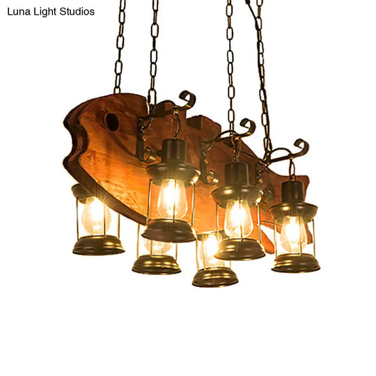 Coastal Black Metal Ceiling Chandelier With Lantern Shades And Fish Print - 6 Bulb For Living Room