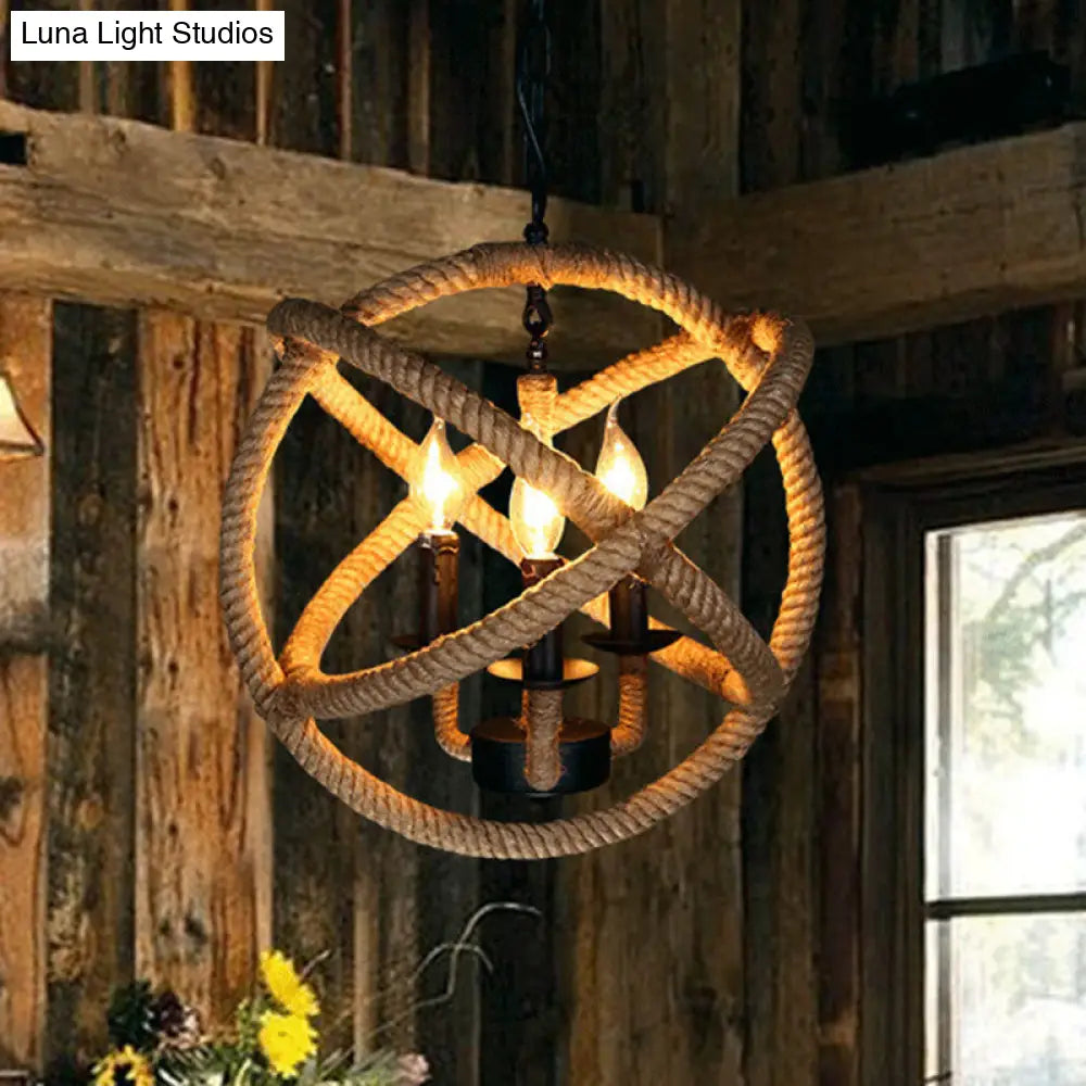 Coastal Black Pendant Lights With Rope Wrapping: Elegant Candle Chandelier Hoops