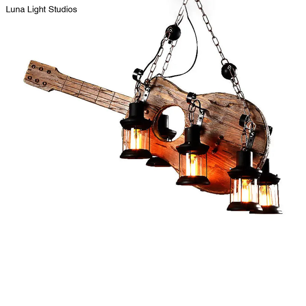 Coastal Brown Lantern Pendant Light With 6-Light Clear Glass Chandelier - Wood Accent For Living