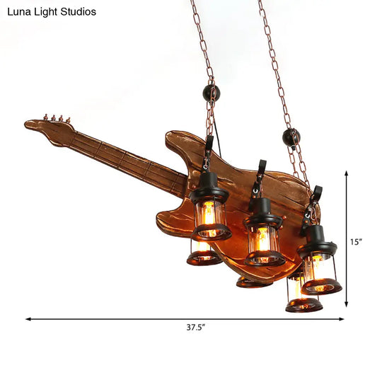 Coastal Brown Lantern Chandelier With Clear Glass And Wooden Accents - 6-Light Pendant Fixture For
