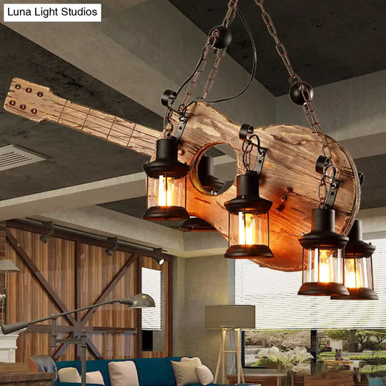Coastal Brown Lantern Pendant Light With 6-Light Clear Glass Chandelier - Wood Accent For Living