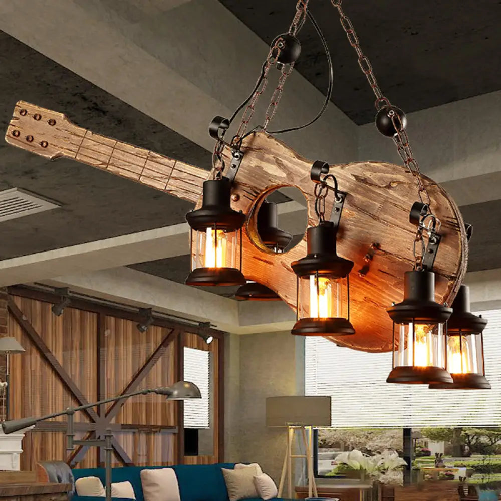 Coastal Brown Lantern Chandelier With Clear Glass And Wooden Accents - 6-Light Pendant Fixture For