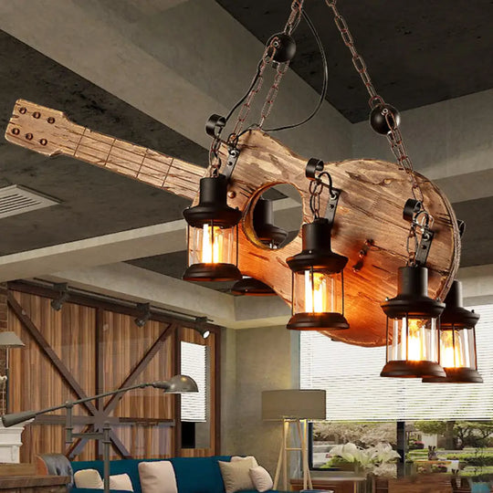 Coastal Brown Lantern Chandelier With Clear Glass And Wooden Accents - 6-Light Pendant Fixture For