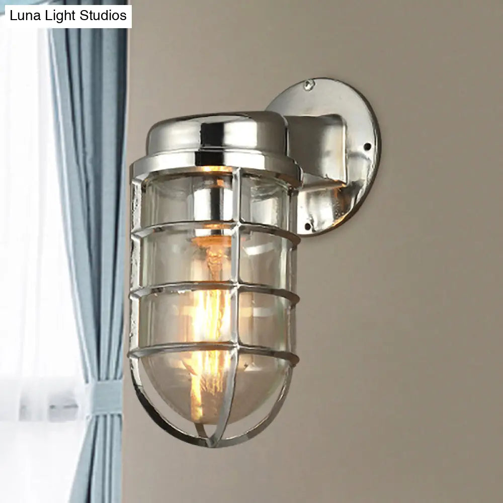 Coastal Caged Wall Lighting Fixture - Clear Glass Sconce Light For Kitchen Brass/Copper/Chrome