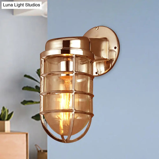 Coastal Caged Wall Lighting Fixture - Clear Glass Sconce Light For Kitchen Brass/Copper/Chrome