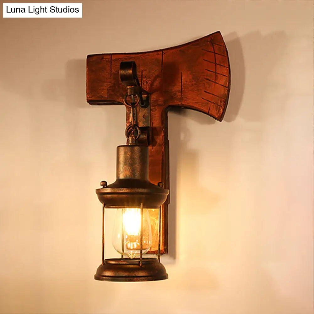 Coastal Clear Glass Lantern Sconce Light With Wooden Backplate - Rustic One-Light Fixture
