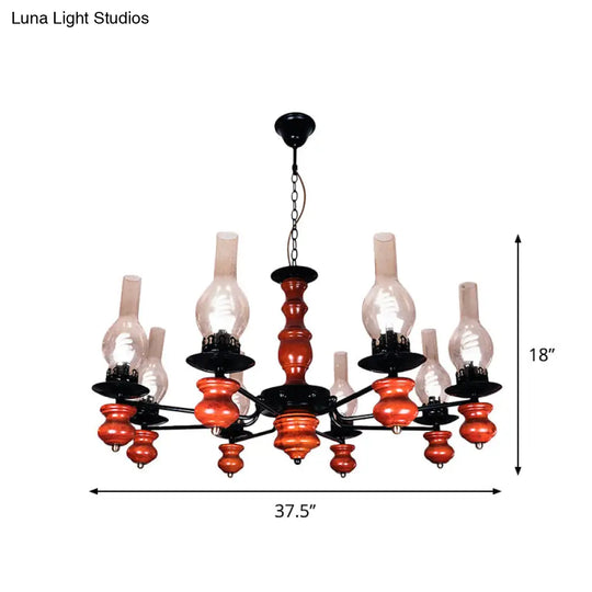 Coastal Clear Glass Pendant Chandelier With 8 Heads And Red Brown Wood Base - Vase Dining Room