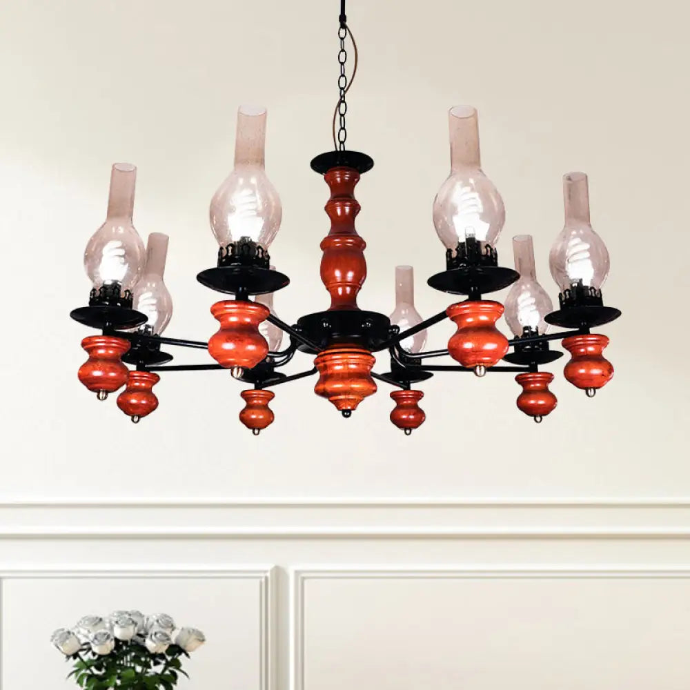 Coastal Clear Glass Pendant Chandelier With 8 Heads And Red Brown Wood Base - Vase Dining Room