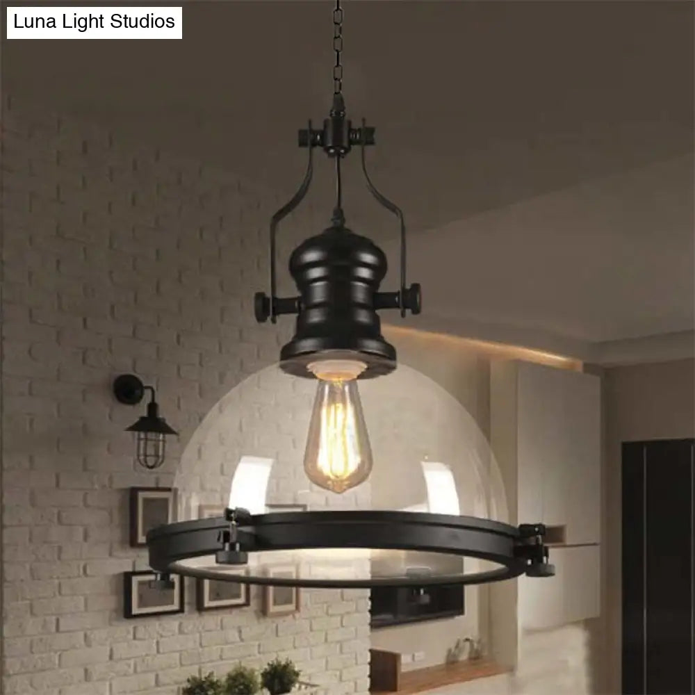 Coastal Black Dome Pendant Light With Clear Glass - Single-Bulb Hanging Lamp For Dining Room