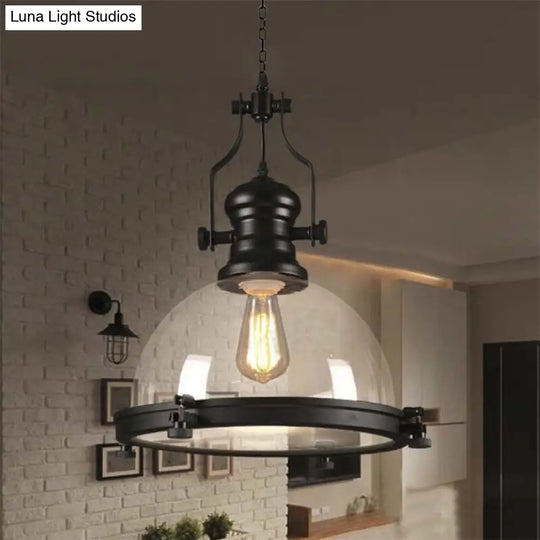Coastal Black Dome Pendant Light With Clear Glass - Single-Bulb Hanging Lamp For Dining Room