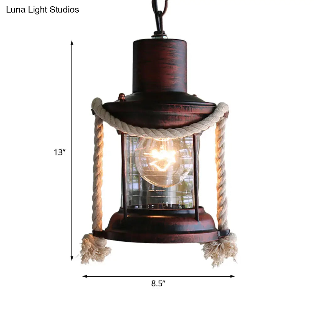 Coastal Kerosene Pendant Light: Clear Glass Hanging Ceiling Light In Antique Brass/Weathered Copper