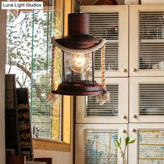 Coastal Kerosene Pendant Light: Clear Glass Hanging Ceiling Light In Antique Brass/Weathered Copper