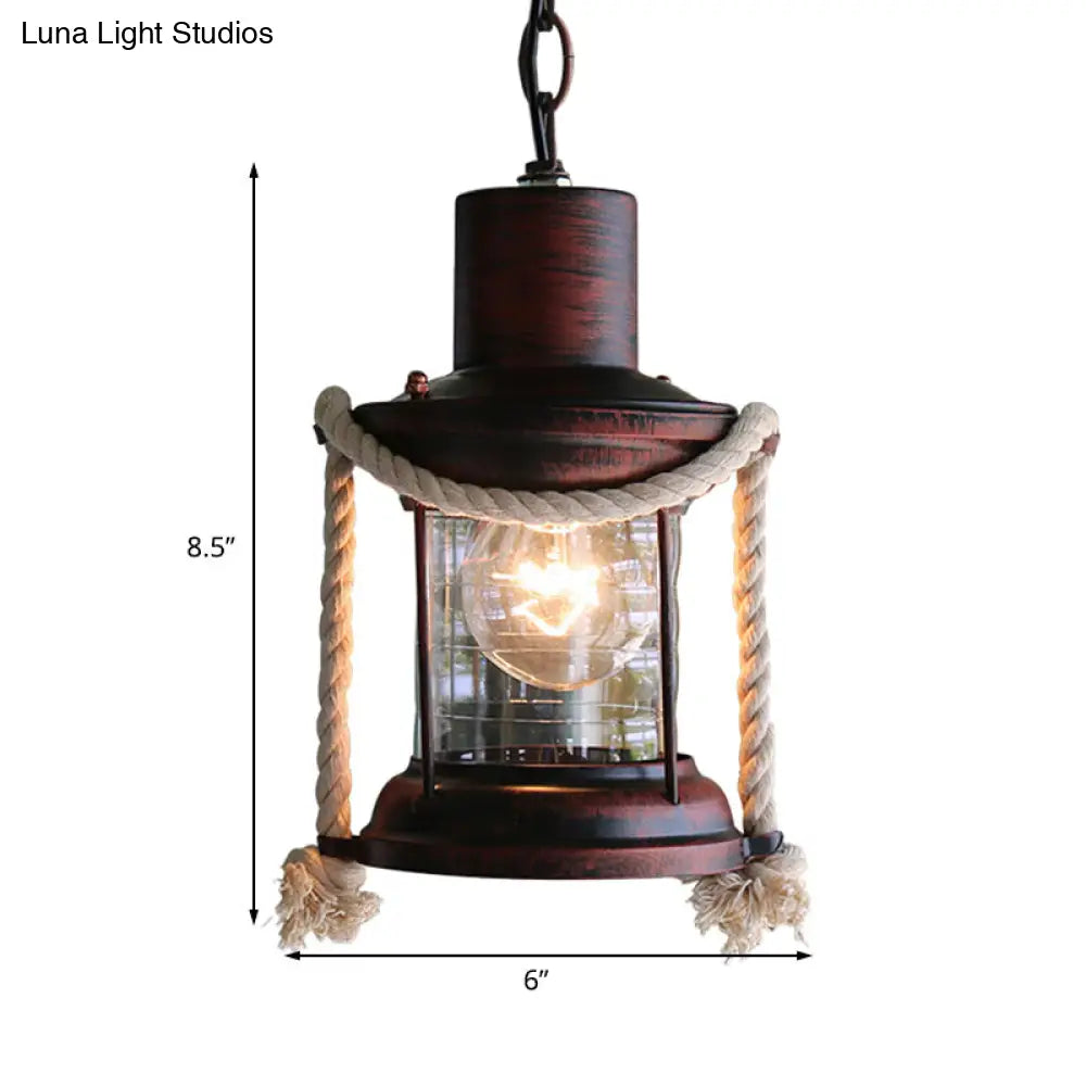 Coastal Kerosene Pendant Light: Clear Glass Hanging Ceiling Light In Antique Brass/Weathered Copper