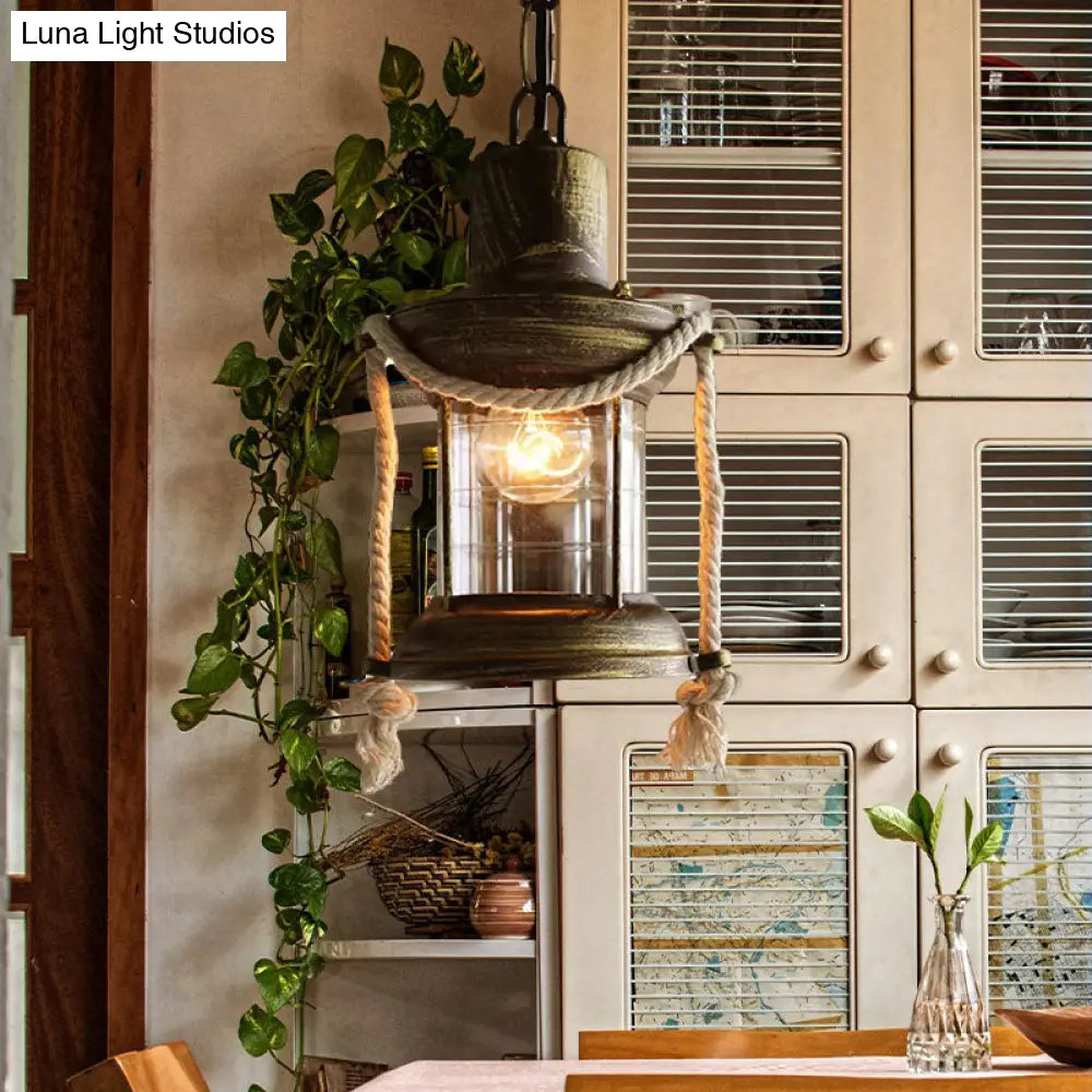 Coastal Kerosene Pendant Light: Clear Glass Hanging Ceiling Light In Antique Brass/Weathered Copper