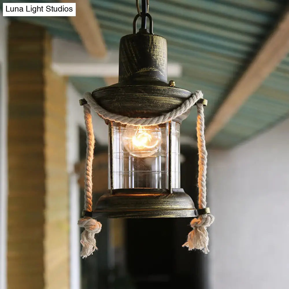 Coastal Kerosene Pendant Light: Clear Glass Hanging Ceiling Light In Antique Brass/Weathered Copper