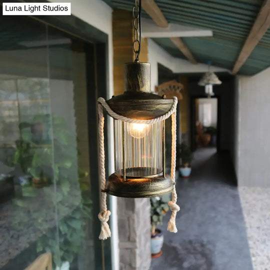 Coastal Kerosene Pendant Light: Clear Glass Hanging Ceiling Light In Antique Brass/Weathered Copper