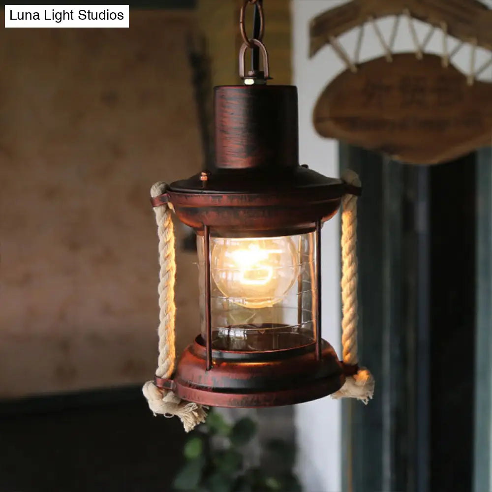 Coastal Kerosene Pendant Light: Clear Glass Hanging Ceiling Light In Antique Brass/Weathered Copper