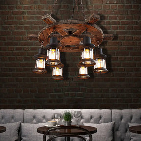 Coastal Metal Lantern Restaurant Chandelier - 6-Light Black Pendant Lamp With Wooden Rudder