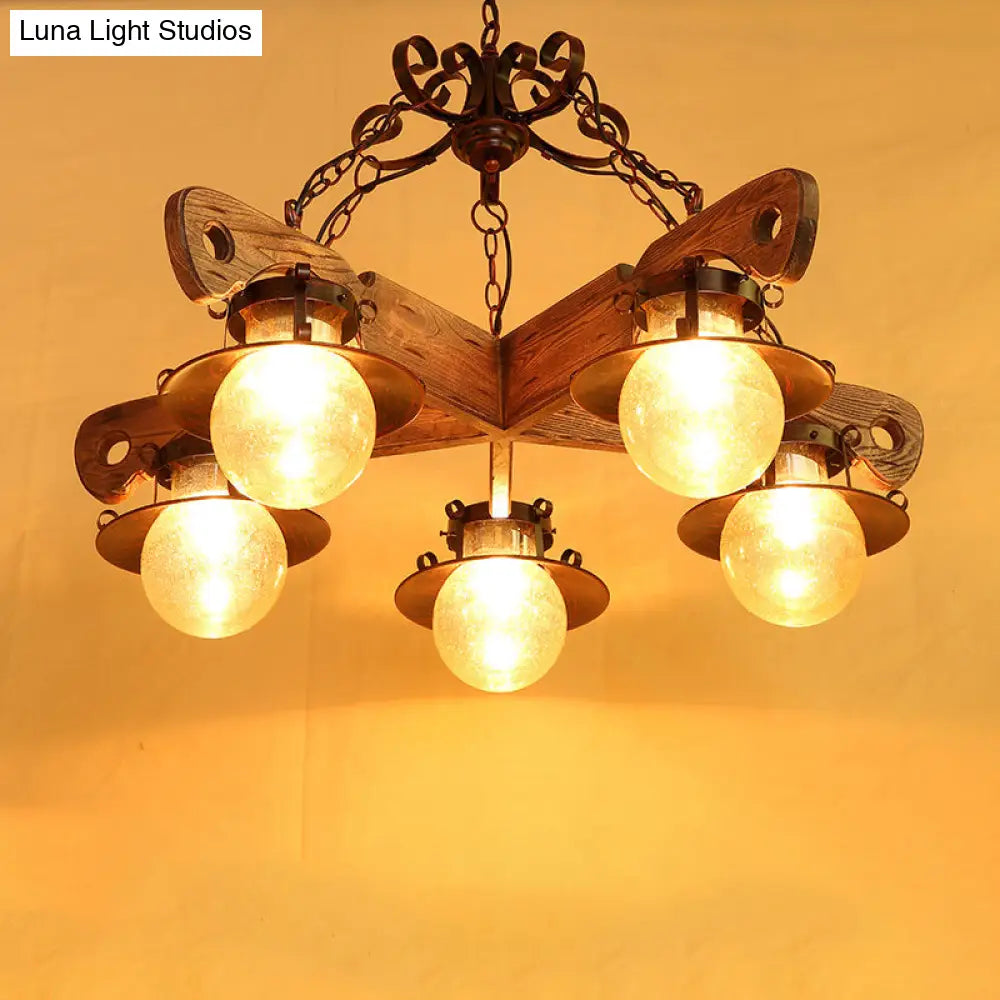 Cognac Seeded Glass Chandelier With Rustic Ball Pendant: 5/9 Lights Industrial Lighting