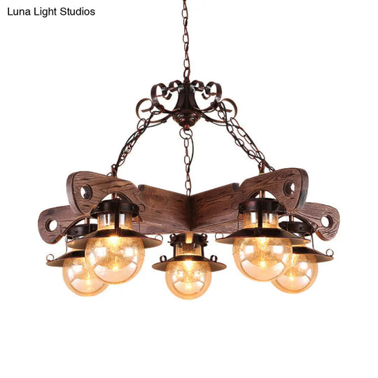 Cognac Seeded Glass Industrial Chandelier In Rust With 5/9 Lights 5 / Wood