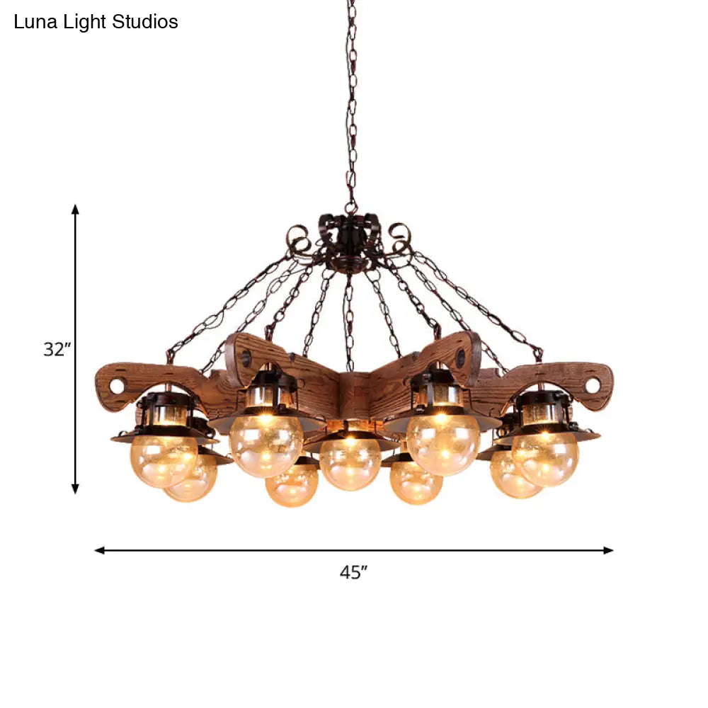 Cognac Seeded Glass Chandelier With Rustic Ball Pendant: 5/9 Lights Industrial Lighting