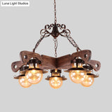 Cognac Seeded Glass Chandelier With Rustic Ball Pendant: 5/9 Lights Industrial Lighting