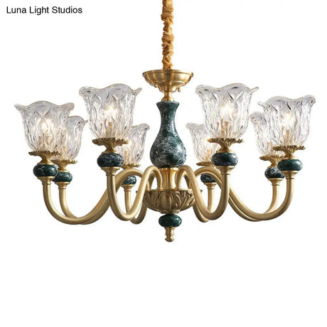 Colonial Brass Chandelier: Clear Glass Flower Up Suspended Lighting Fixture For Living Room