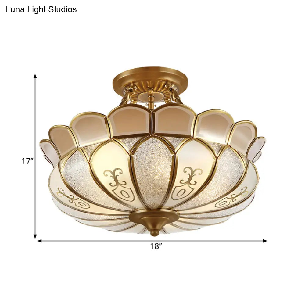 Colonial Opaque Glass 4-Bulb Brass Ceiling Light Fixture - Scalloped Dining Room Semi-Flush Mount