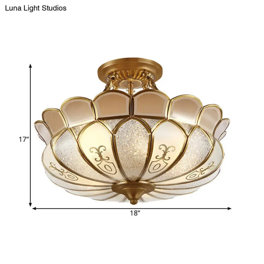Colonial Opaque Glass 4-Bulb Brass Ceiling Light Fixture - Scalloped Dining Room Semi-Flush Mount