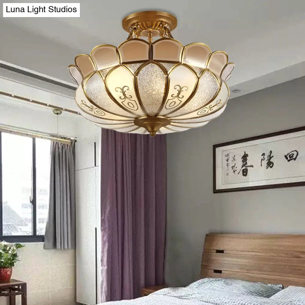 Colonial Opaque Glass 4-Bulb Brass Ceiling Light Fixture - Scalloped Dining Room Semi-Flush Mount