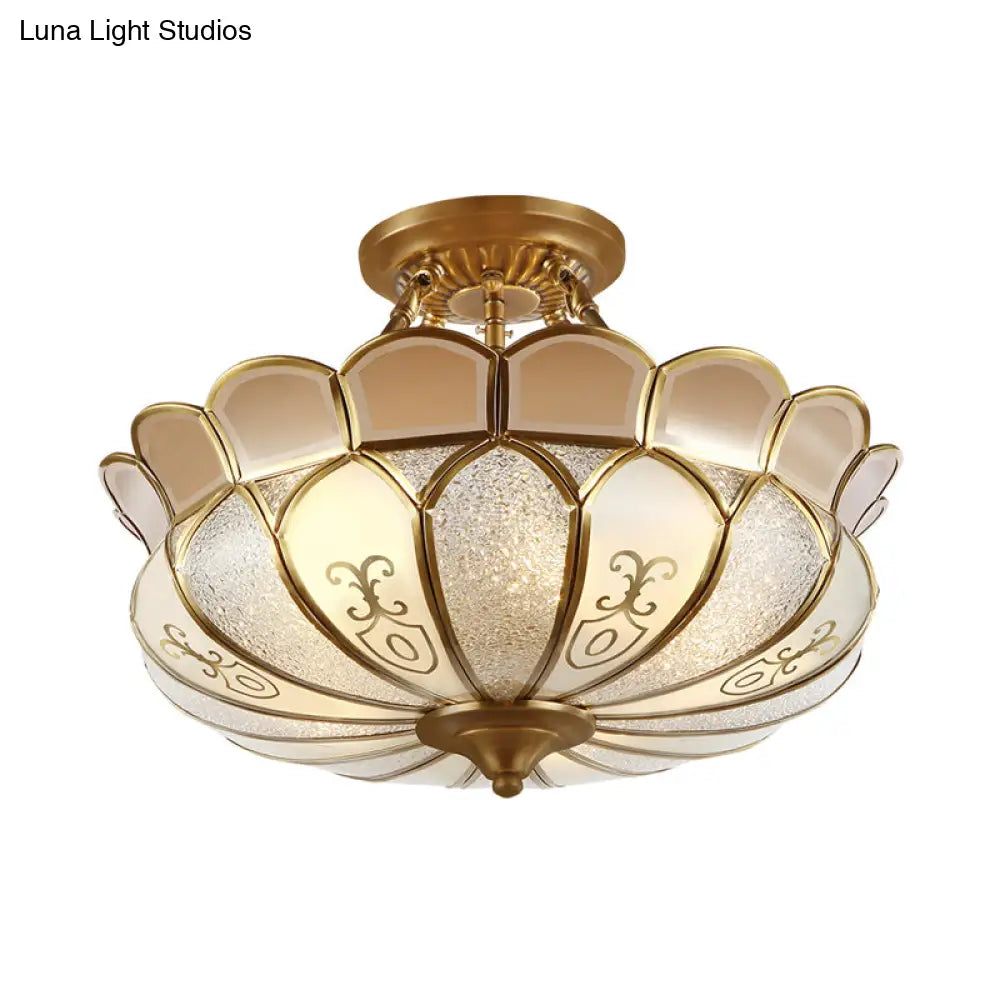 Colonial Opaque Glass 4-Bulb Brass Ceiling Light Fixture - Scalloped Dining Room Semi-Flush Mount