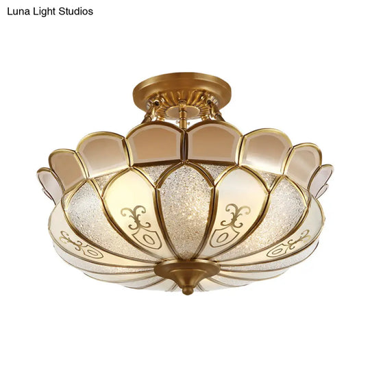 Colonial Opaque Glass 4-Bulb Brass Ceiling Light Fixture - Scalloped Dining Room Semi-Flush Mount