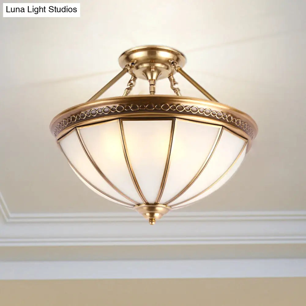 Colonial Brass Dome Shade Opal Glass Semi Flushlight - 3-Light Ceiling Mounted Fixture