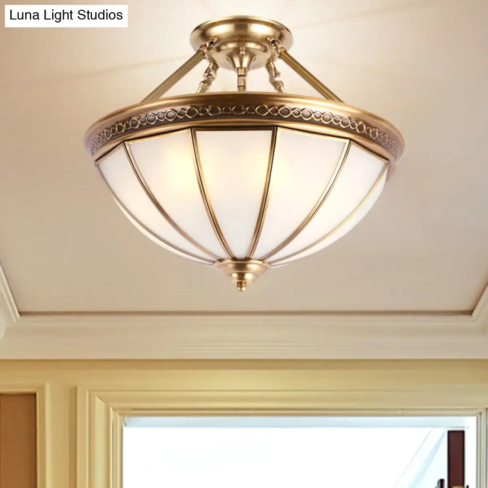 Colonial Brass Dome Shade Opal Glass Semi Flushlight - 3-Light Ceiling Mounted Fixture