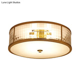 Colonial Brass Drum Ceiling Mount Light Fixture With Frosted Crystal Glass For Bedroom - 3/4/5