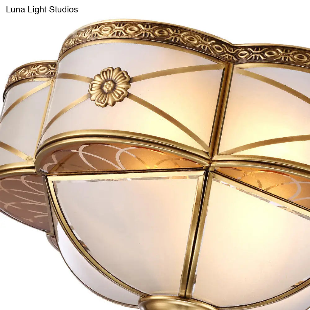Colonial Brass Flush Mount Lamp With Sandblasted Glass Scalloped Ceiling Light For Living Room