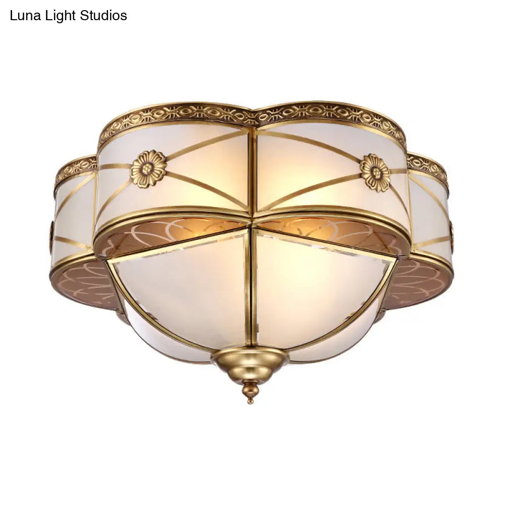 Colonial Brass Flush Mount Lamp With Sandblasted Glass Scalloped Ceiling Light For Living Room
