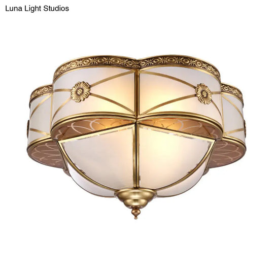 Colonial Brass Flush Mount Lamp With Sandblasted Glass Scalloped Ceiling Light For Living Room