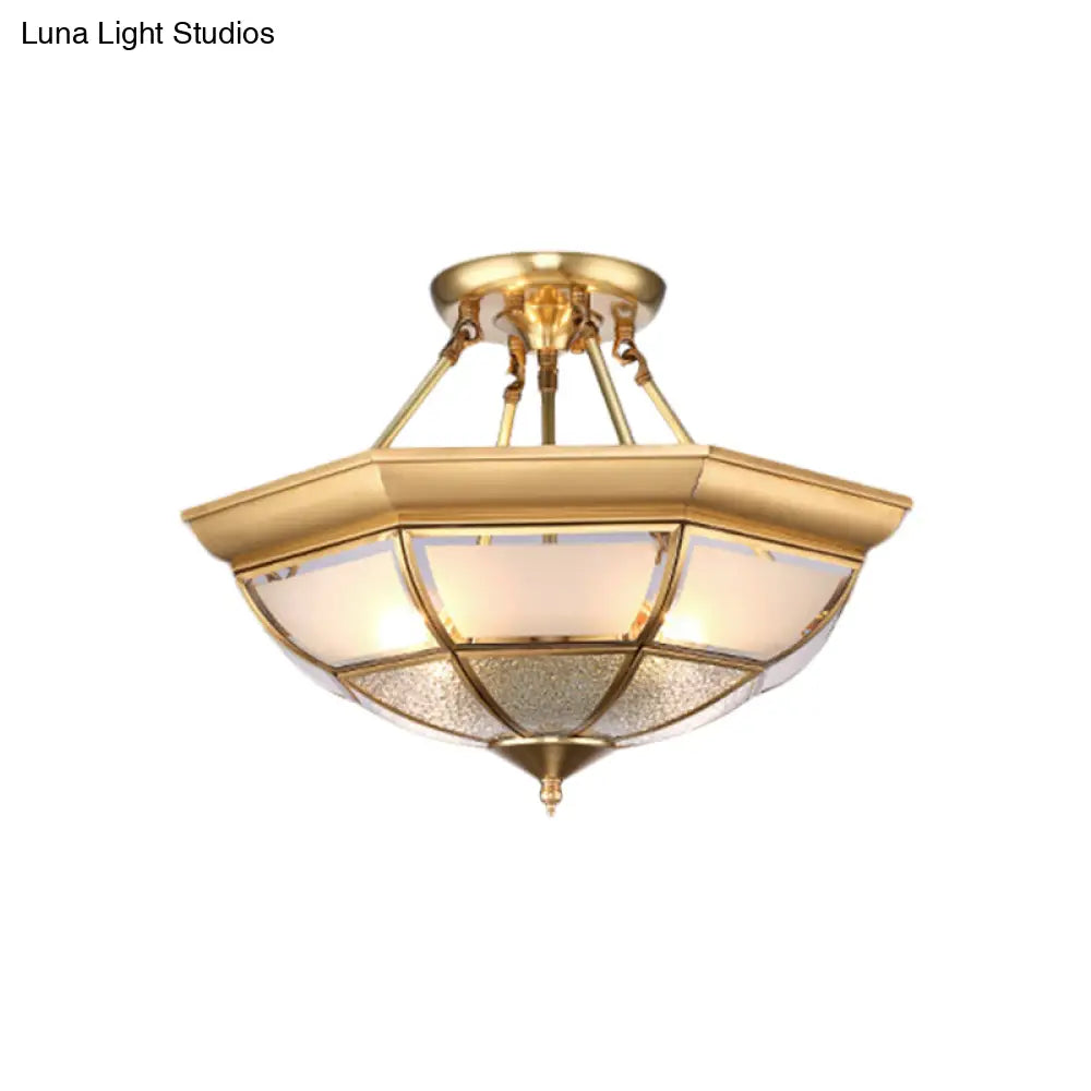 Colonial Brass Semi - Flush Ceiling Light With Curved Frosted Glass Dome - 4 Lights | 14’/16’