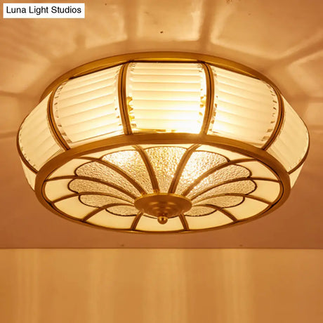 Colonial Cream Glass Drum Ceiling Lighting - 3/4 Heads Flush Mount Fixture Brass Finish