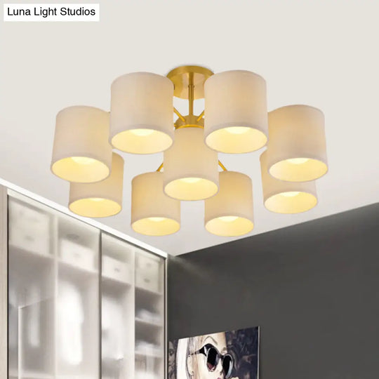 Colonial Fabric Cylinder Semi Mount Ceiling Light - Gold Finish 9 Lights Living Room Lighting