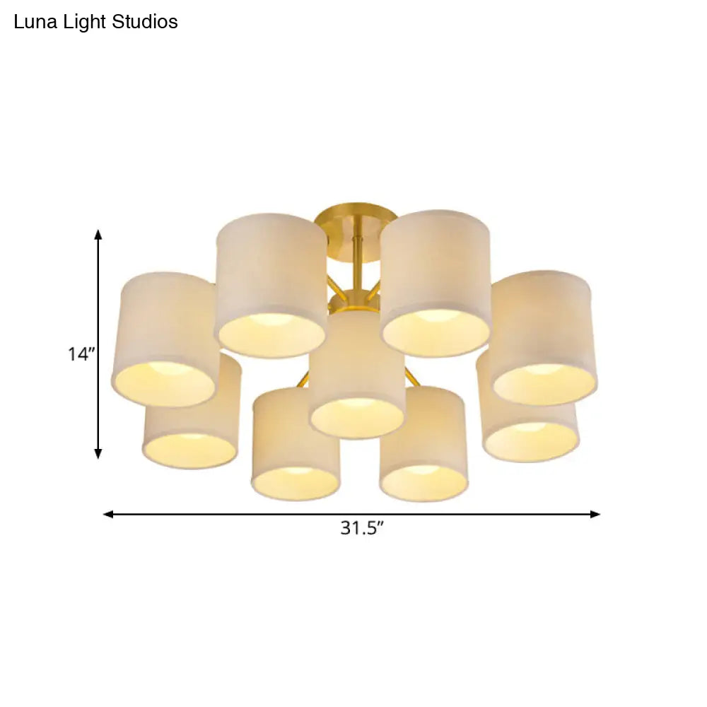 Colonial Fabric Cylinder Semi Mount Ceiling Light - Gold Finish 9 Lights Living Room Lighting