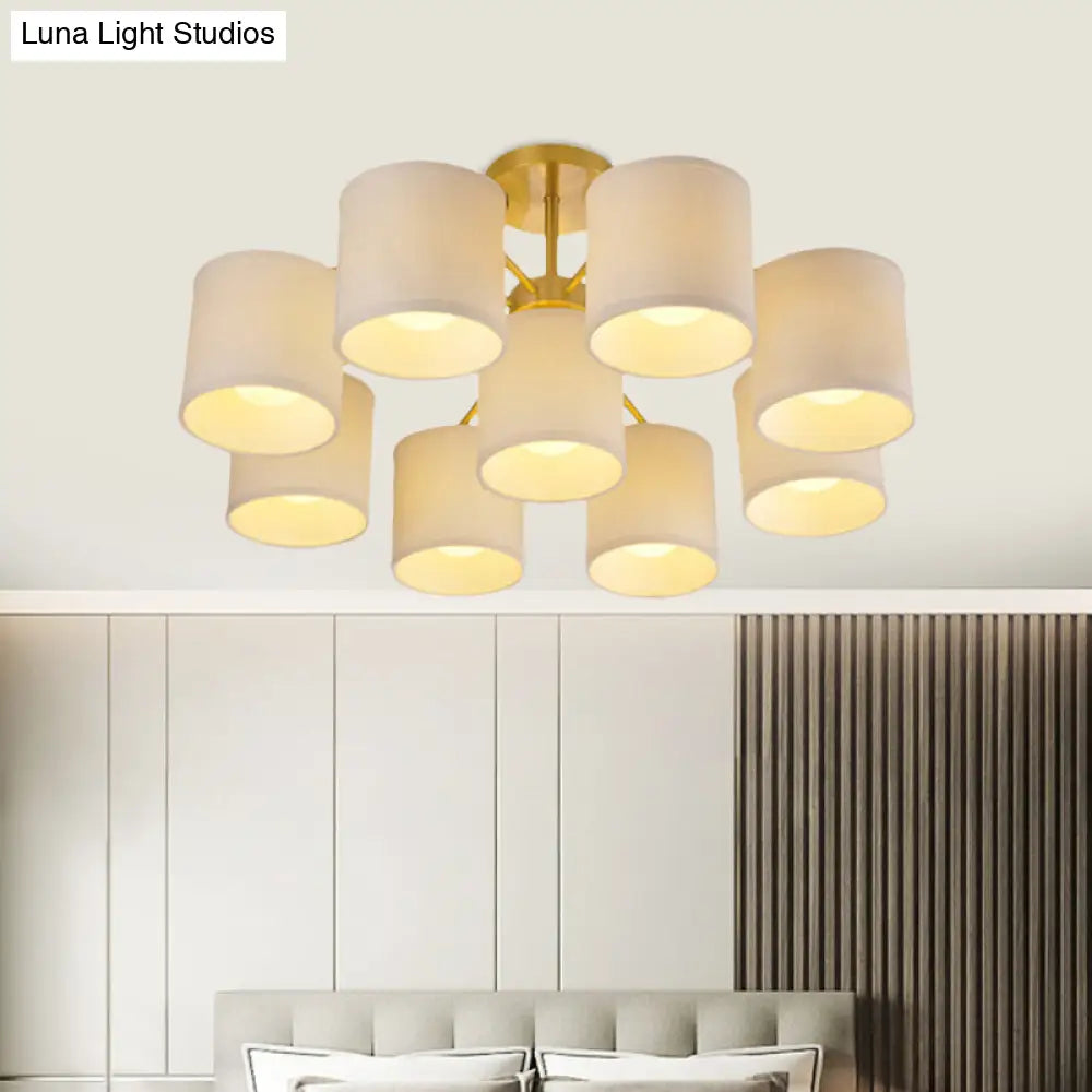 Colonial Fabric Cylinder Semi Mount Ceiling Light - Gold Finish 9 Lights Living Room Lighting