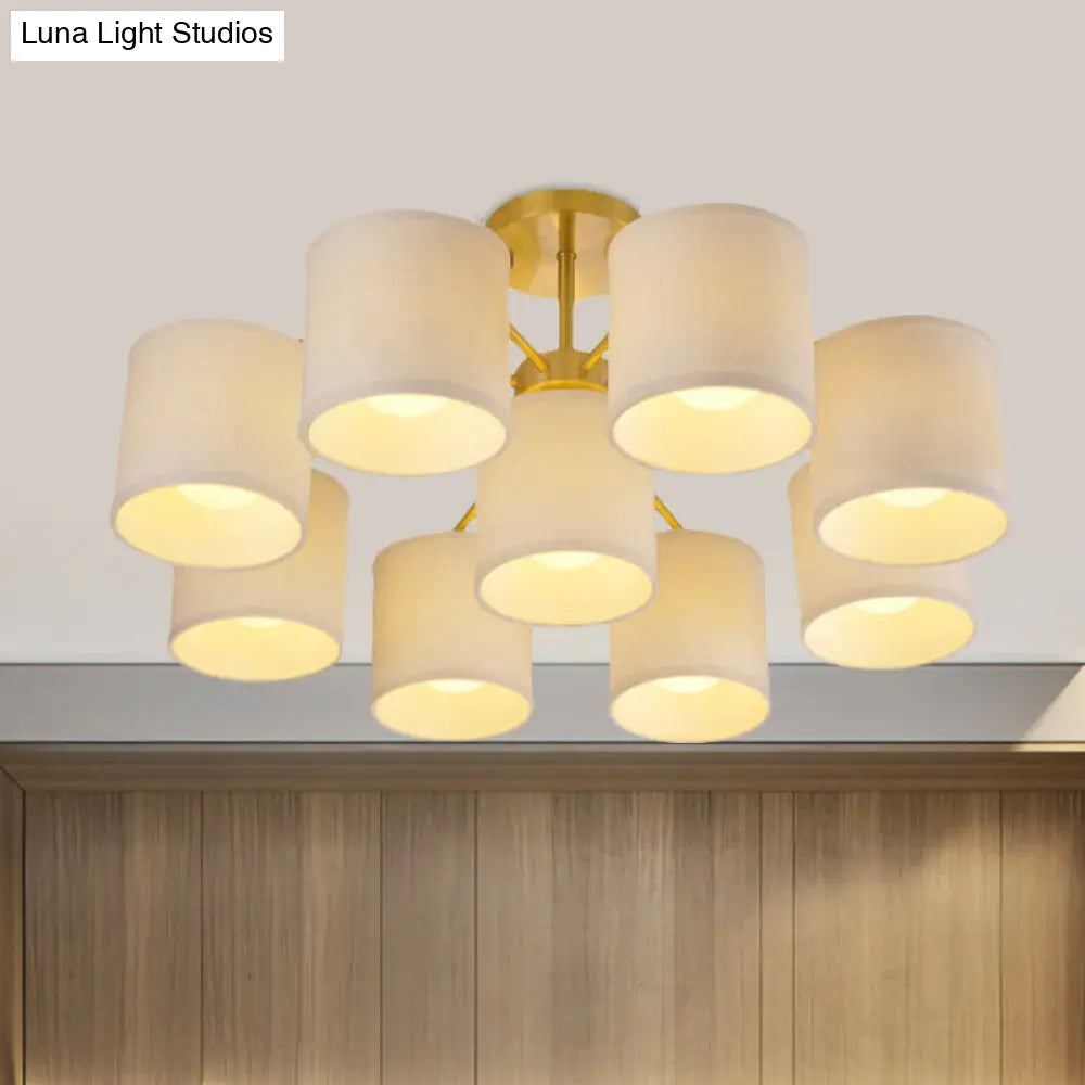 Colonial Fabric Cylinder Semi Mount Ceiling Light - Gold Finish 9 Lights Living Room Lighting