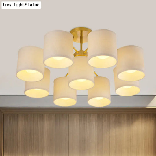 Colonial Fabric Cylinder Semi Mount Ceiling Light - Gold Finish 9 Lights Living Room Lighting