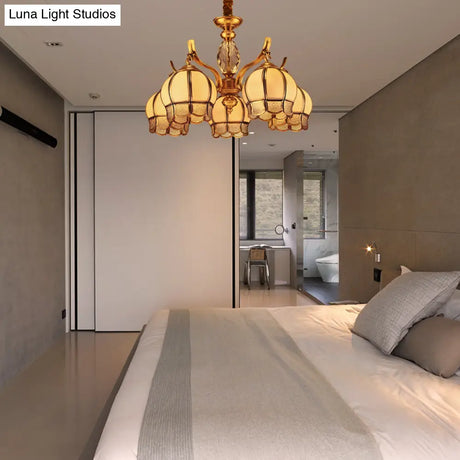 Colonial Frosted Glass 5-Light Gold Ceiling Chandelier - Bud Bedroom Pendant Light