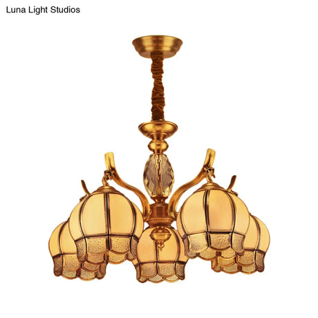 Colonial Frosted Glass 5-Light Gold Ceiling Chandelier - Bud Bedroom Pendant Light