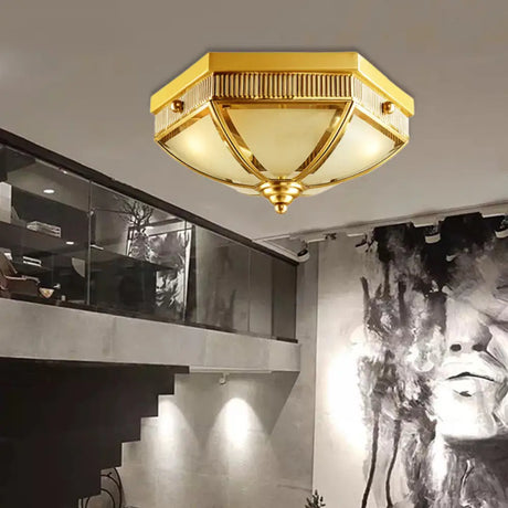 Colonial Frosted Glass Ceiling Lamp With Gold Finish - 2 Bulbs Hallway Flush Mount Light